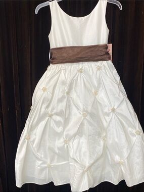 Girls Ivory Taffeta Formal Dress with Brown Sash